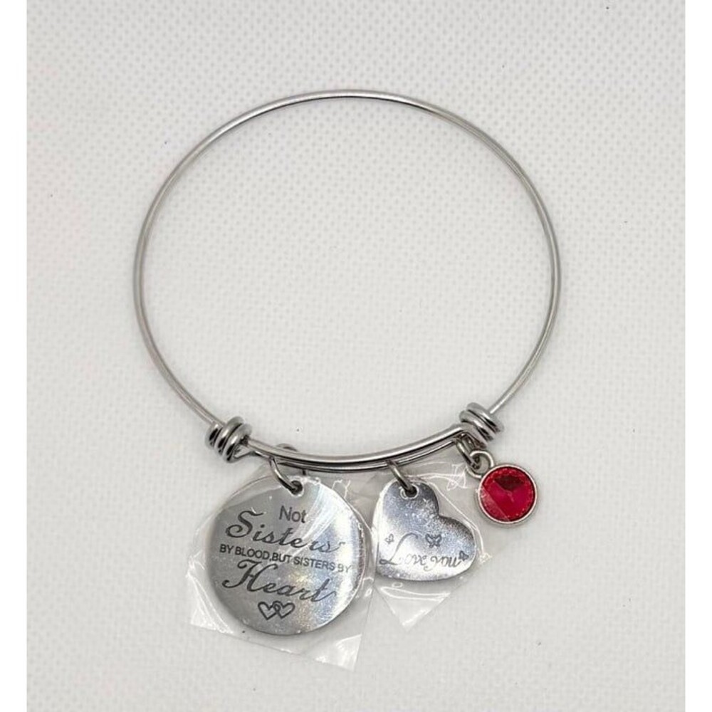 Not Sisters By Blood But Sisters By Heart Charm Bangle Bracelet with Red Charm